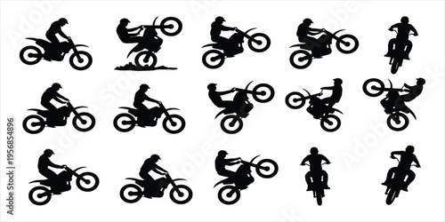 Collection of motocross rider silhouettes performing stunts on white background motorcycle