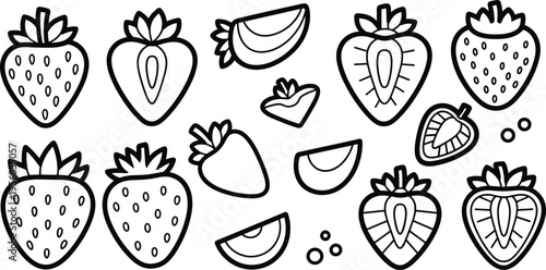 Strawberry Outline Icon Set with Whole and Sliced Berry Sketches Hand Drawn Line Art Collection for Coloring Pages, Food Design, and Creative Illustrations