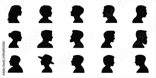 Fifteen Black Human Head Silhouettes In Profile View With Various Hairstyles And Beards woman