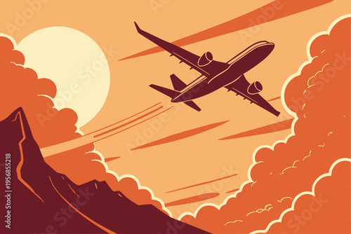 Vintage airplane flying over mountains and clouds at sunset, retro travel poster style