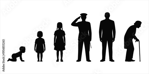 Human life cycle progression from infancy to old age silhouettes on white stages baby