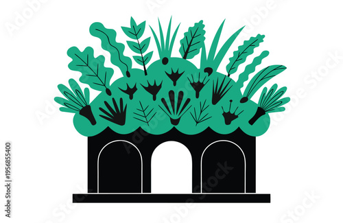 Green house with arches and decorative plants in vector art style