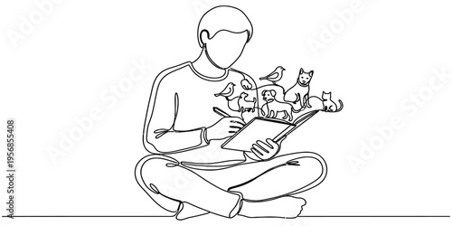 Continuous line drawing of artist sketching animals and birds in notebook