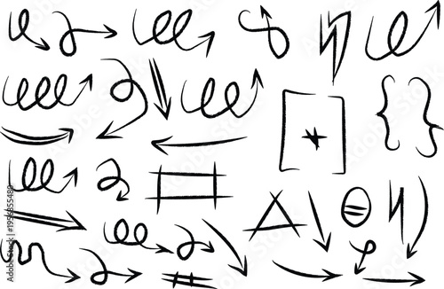 A diverse collection of expressive hand-drawn doodle arrows, pointers, and sketchy frames, perfect for adding a dynamic, informal touch to any design project or presentation