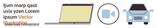 Technology, communication, automation, digital media, smart devices, vehicular systems. Laptop, camera icon and car symbol in a minimal design. Technology and communication concept