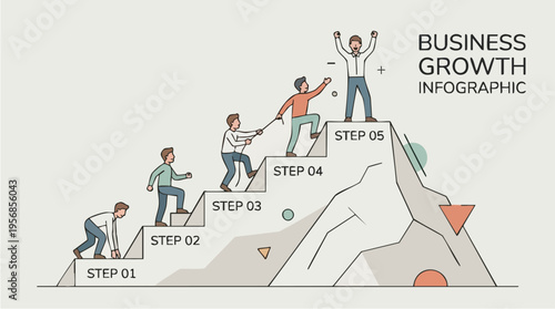 Business Growth Infographic with Step-by-Step Progression and Team Collaboration Representing Success and Development Strategies