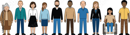 diverse people character set illustration, multicultural men and women group, different ages and abilities including wheelchair user, diversity and inclusion concept