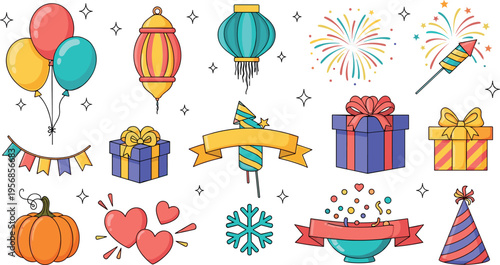 Festive Celebration Icon Set Featuring Balloons, Lanterns, Fireworks, Gift Boxes, Party Hat, Pumpkin, Hearts, Snowflake and Confetti Elements for Holiday Events