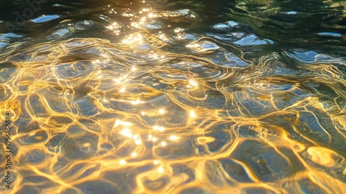 sunlit ripples and golden reflections on clear water surface, shimmering patterns and peaceful warm glow