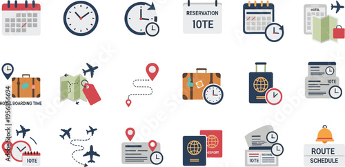 Travel Planning and Vacation Schedule Icon Set with Calendar, Passport, Air Tickets, Flight Routes, Maps, Reminder Notes, and Tourism Symbols