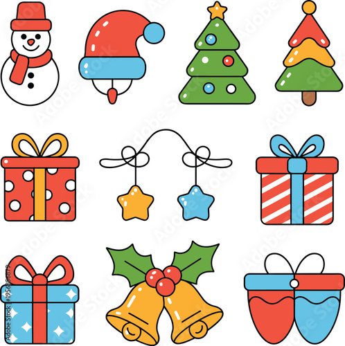 Christmas Icons: Snowman Tree Gifts Santa Hat Bells Holly. Flat Design Elements