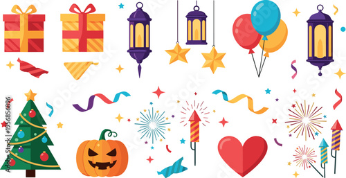 Holiday Celebration and Festival Decoration Icon Set Featuring Gift Boxes, Lanterns, Balloons, Fireworks, Christmas Tree, Pumpkin, Heart and Party Elements