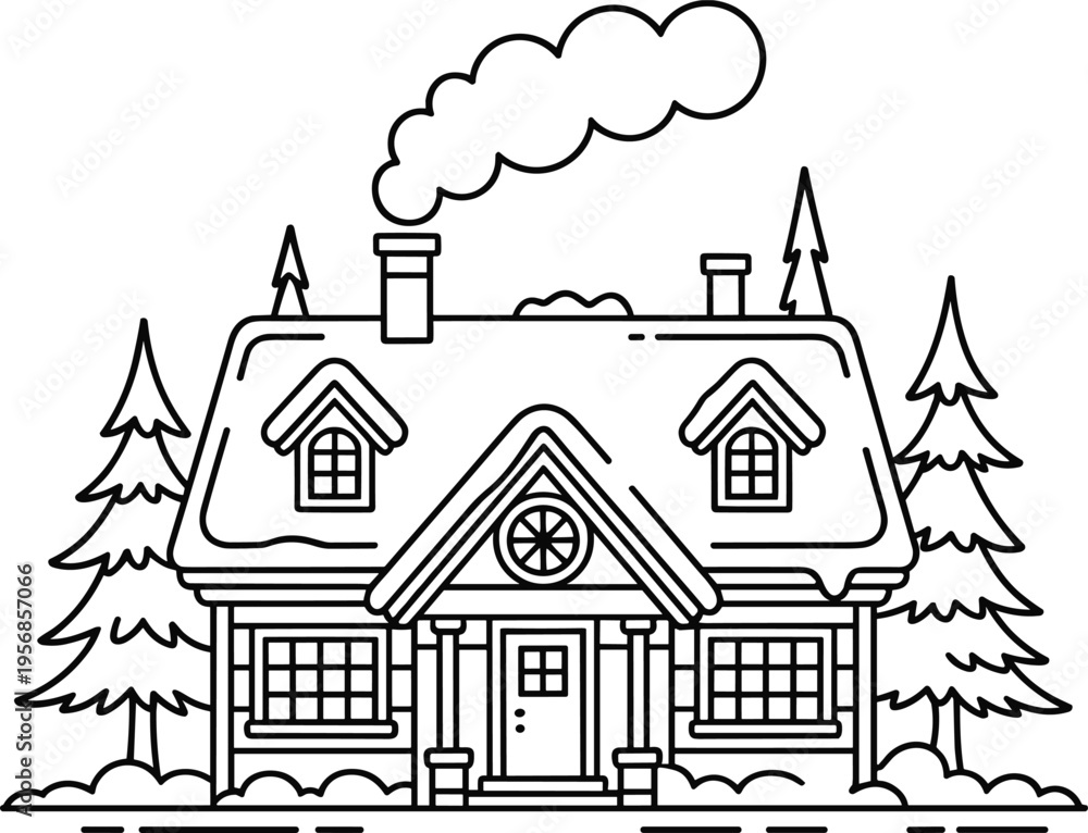 Fototapeta premium Cozy Winter Cabin with Smoking Chimney Surrounded by Pine Trees in Minimalist Outline Style