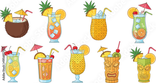 Tropical Cocktail Collection with Pineapple Drinks, Fresh Fruit Garnishes, Colorful Glasses, and Summer Beverage Illustrations for Party Menu, Bar Design, and Vacation Concepts