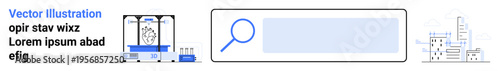 SEO, research, AI, data analysis, technological processes, digital development. Search bar with icons of a laboratory and buildings. SEO and research concepts in modern digital environments