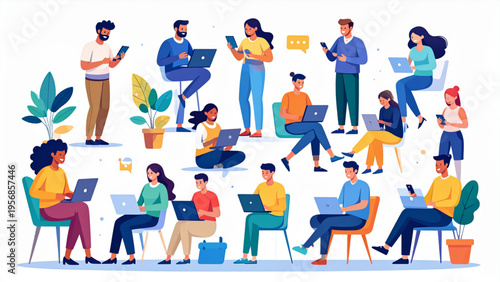 Stay Connected People Communication Activities Set Social Media Networking Vector Illustration