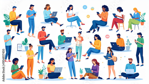 Digital Communication and Social Interaction People Activities Vector Set