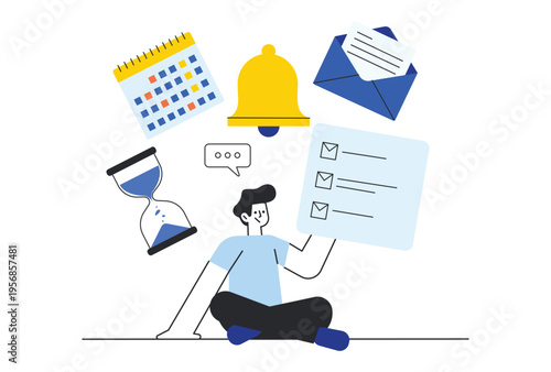 Man managing multiple tasks with calendar clock, notification and time management concept.