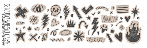 Grunge crayon elements and brush-painted arrows form punk collage shapes with doodles, doodle hearts, and rough urban textures. Vector illustration.