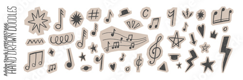 Hand-drawn music notes and colorful crayon doodles create a playful vintage collage with pastel textures. Vector illustration.
