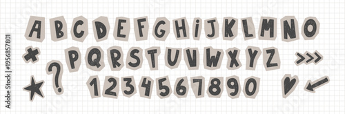 Cut paper letters and numbers in vintage style with aesthetic torn edges. Retro alphabet stickers with crayon, pencil texture. Vector illustration.