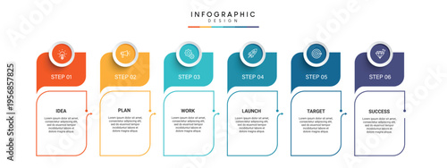 A colorful infographic template with six steps for planning and achieving success