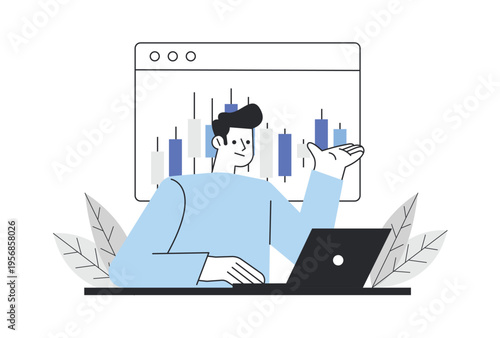 Professional Trader Analyzing Stock Market Candlestick Charts on Laptop.
