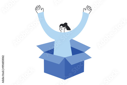 Woman with raised arms emerging from a blue cardboard box representing a surprise or new beginning.