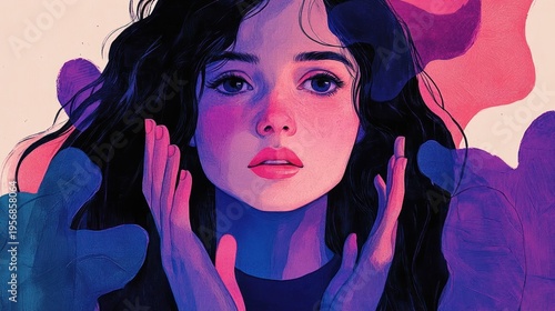stylized portrait of a woman with long flowing dark hair and expressive hands surrounded by purple and pink abstract foliage, evoking dreamy melancholy and introspection