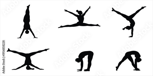 Six Silhouettes of a Woman Performing Gymnastics and Yoga Poses Keywords: silhouette, woman, gymnastics, yoga, poses
