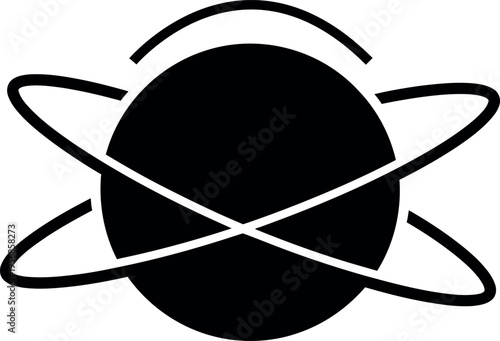 Simple black and white illustration of a planet with orbiting rings