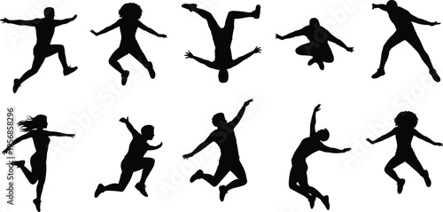 Ten black silhouettes of people jumping and dancing in dynamic poses on a white background action