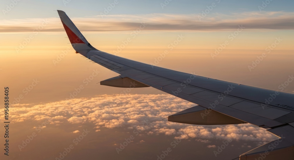 Fototapeta premium Airplane wing soars above clouds at sunset, capturing the beauty of flight.