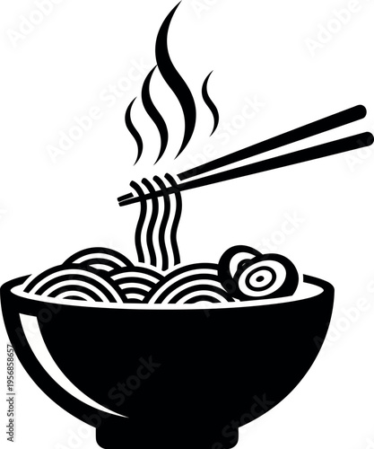 A black and white illustration of ramen noodles in a bowl with chopsticks