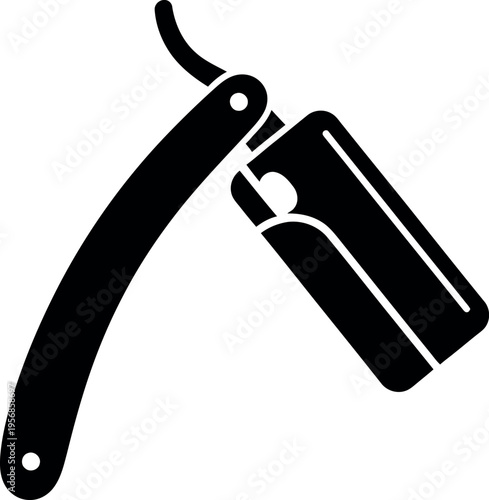 A black silhouette illustration of an open straight razor on white