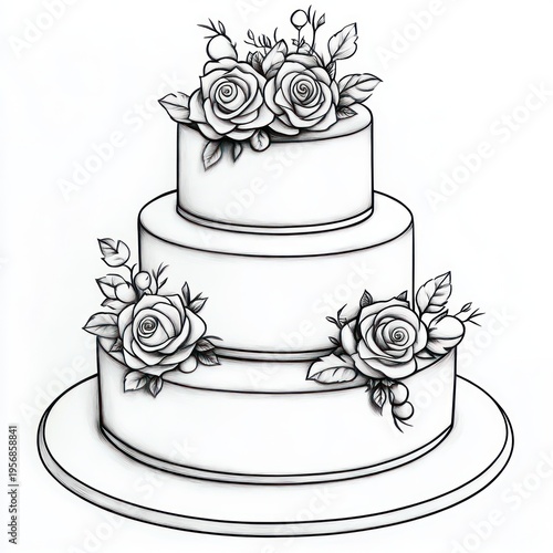 three-tier round cake decorated with roses and leaves on a round base, elegant romantic black-and-white sketch illustration