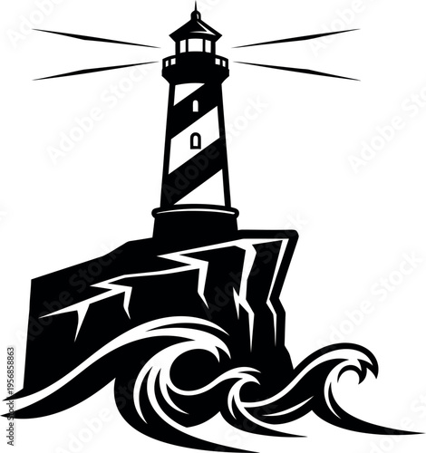 Stylized black and white illustration of a lighthouse on rocky shore