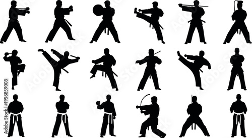 Collection of black silhouettes depicting various martial arts stances and moves