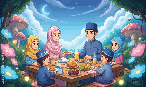 Muslim family enjoying a peaceful outdoor iftar meal under the moonlight and stars during Ramadan.