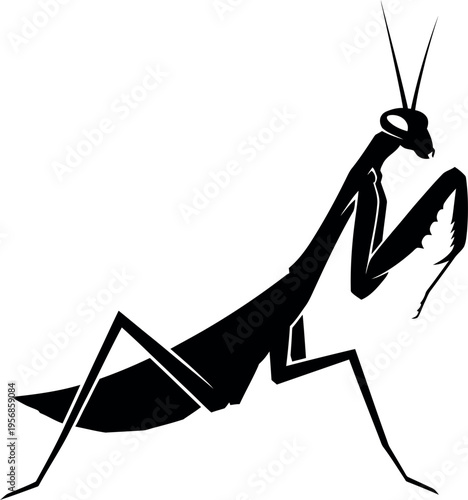 A striking black silhouette of a praying mantis in profile view