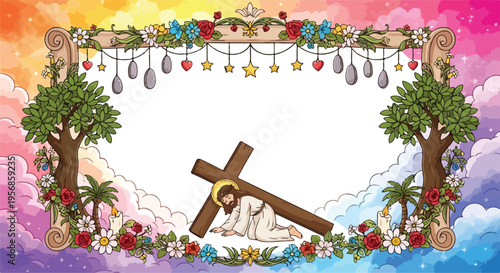 Decorative frame with the holy cross and thorns representing the crucifixion and passion of Christ.