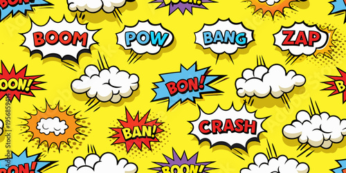 Colorful comic book explosion pattern with onomatopoeic word bubbles