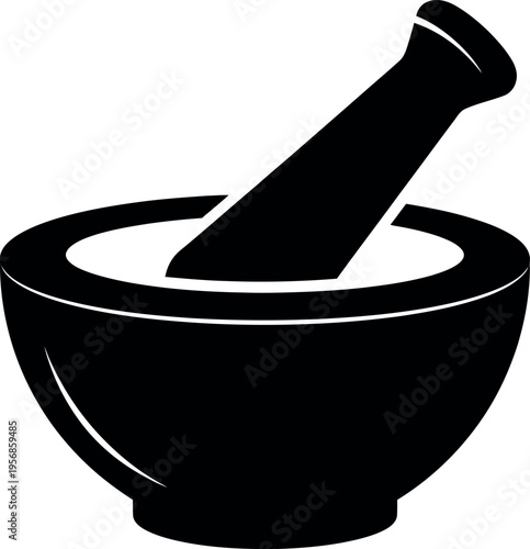 Simple black and white illustration of a mortar and pestle