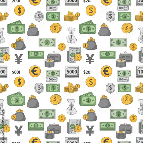 Diverse collection of currency icons bills, coins, purses, and money bags