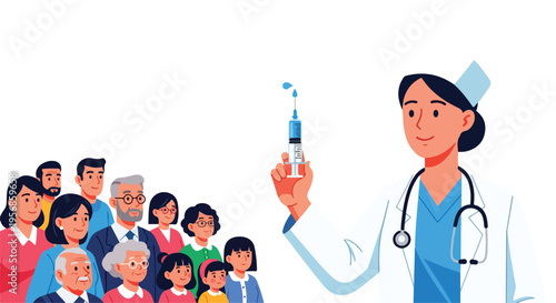 A female doctor in blue scrubs holds a syringe near a diverse group of people on International Day of Mathematics with a clean white background and a mix of bright, calming colors