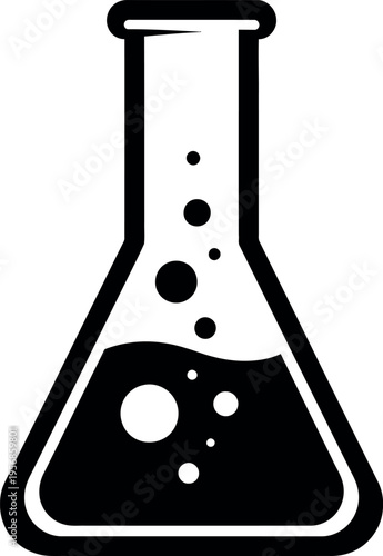 A simple black and white illustration of a conical flask with bubbles
