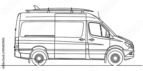 Continuous one line drawing of camper van with surfboard on roof