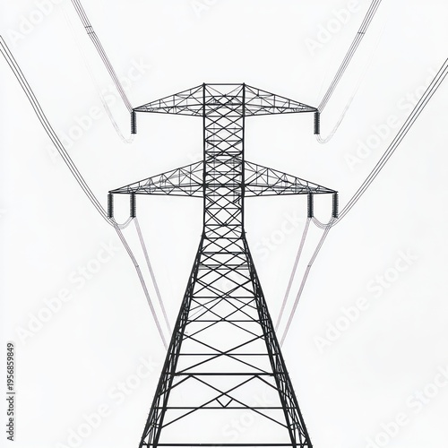 towering electrical transmission pylon seen from below with taut power lines in stark black-and-white silhouette, geometric lattice and austere industrial solitude