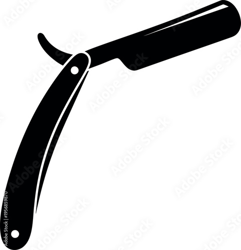 A black silhouette illustration of a classic straight razor on white