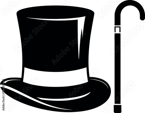 A classic black top hat and walking cane in a graphic style
